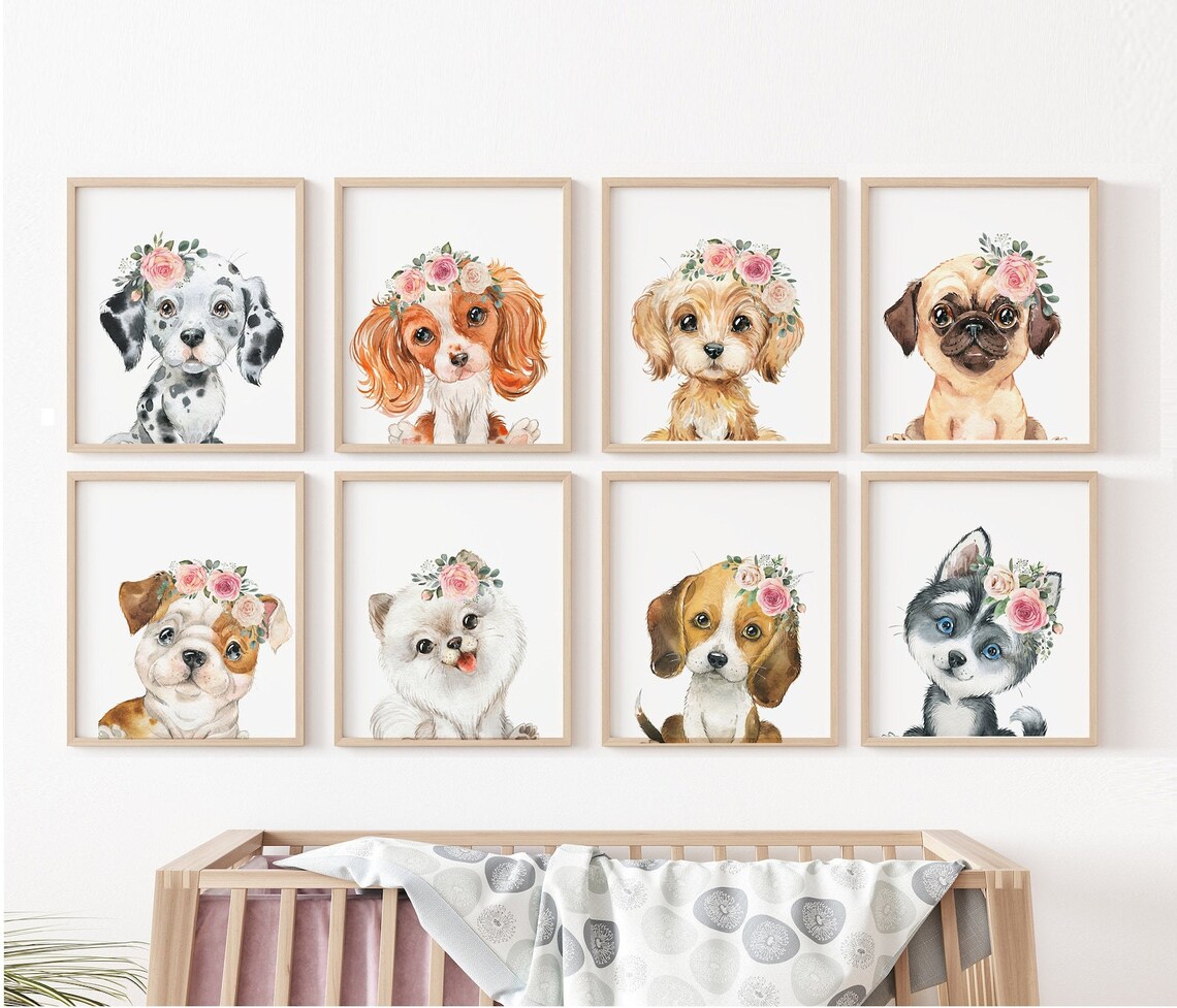 Dog Nursery Print Custom Name Art Baby Girl Nursery Wall Etsy