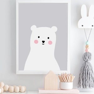 Bear Baby Nursery, Baby Bear Illustration, Kawaii BEAR Poster, Grey Kids Room Print, Grey Baby Poster, Baby Animal Poster, Peek A Boo, girls