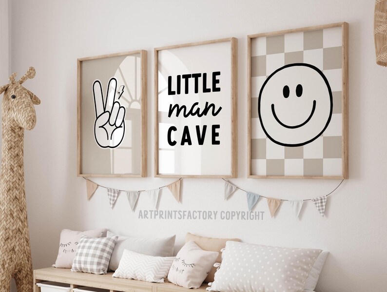Children prints, little man cave, boy wall art, nursery art,digital wall print,Beige nursery decor, Boy Room Wall Art, Nursery Art Set of 3, smiley print, little man cave print, boys wall art, boys room decor, digital print, nursery