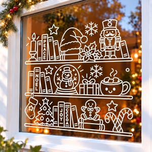 Christmas Window chalk marker Template, Printable Glass Decoration, Xmas Tracing Design, Holiday Bookshelf Nutcracker Art Snowman Pattern