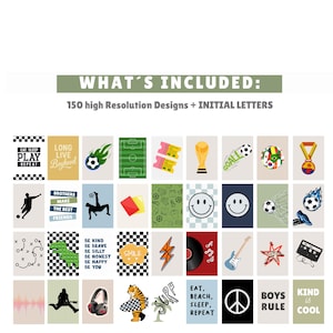 Puede incluir: Una colecci&oacute;n digital de 150 dise&ntilde;os gr&aacute;ficos de alta resoluci&oacute;n y letras iniciales con temas de f&uacute;tbol, caras sonrientes, instrumentos musicales y textos inspiradores como Eat Sleep Play Repeat y Boys Rule en varios colores.