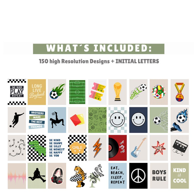 Puede incluir: Una colecci&oacute;n digital de 150 dise&ntilde;os gr&aacute;ficos de alta resoluci&oacute;n y letras iniciales con temas de f&uacute;tbol, caras sonrientes, instrumentos musicales y textos inspiradores como Eat Sleep Play Repeat y Boys Rule en varios colores.