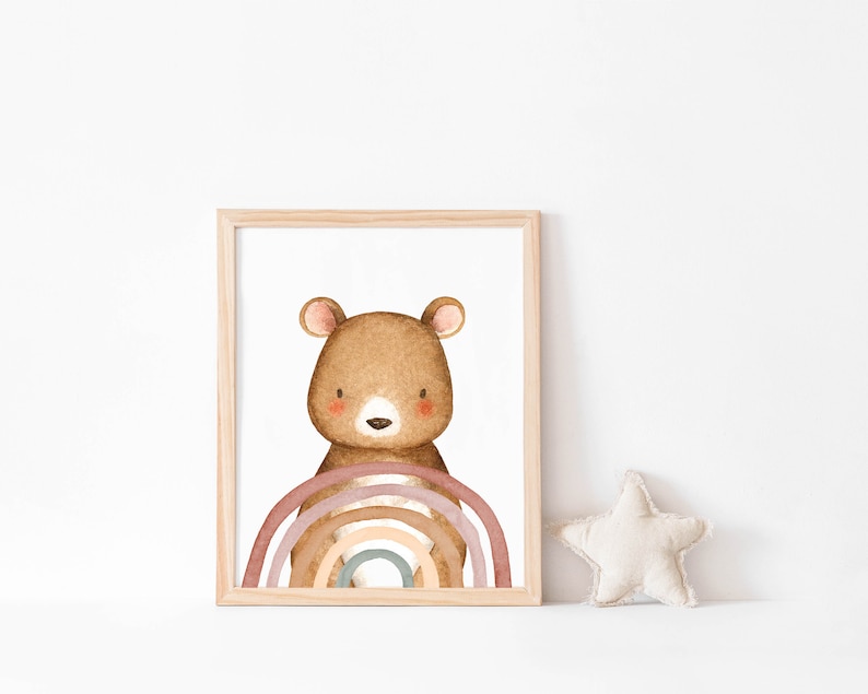 Bear With Rainbow Print Nursery Art Woodland Animals Etsy