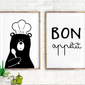 Set of 2 kitchen Prints, Kitchen Prints, Bear cheff Print, Bon appetit,Kitchen Wall Art, Kitchen Sign, Kitchen Decor, Home Decor, Kitchen