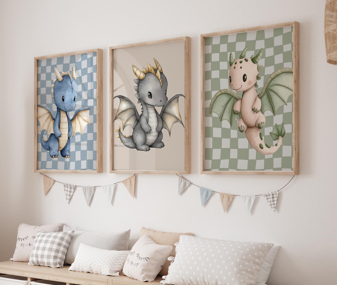 Baby Dragon Nursery Prints: Checkered Pastel Boys Room Decor (set of 3 ...