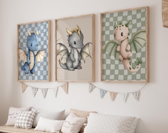 Baby Dragon Nursery Prints: Checkered Pastel Boys Room Decor (Set of 3 Digital Downloads)