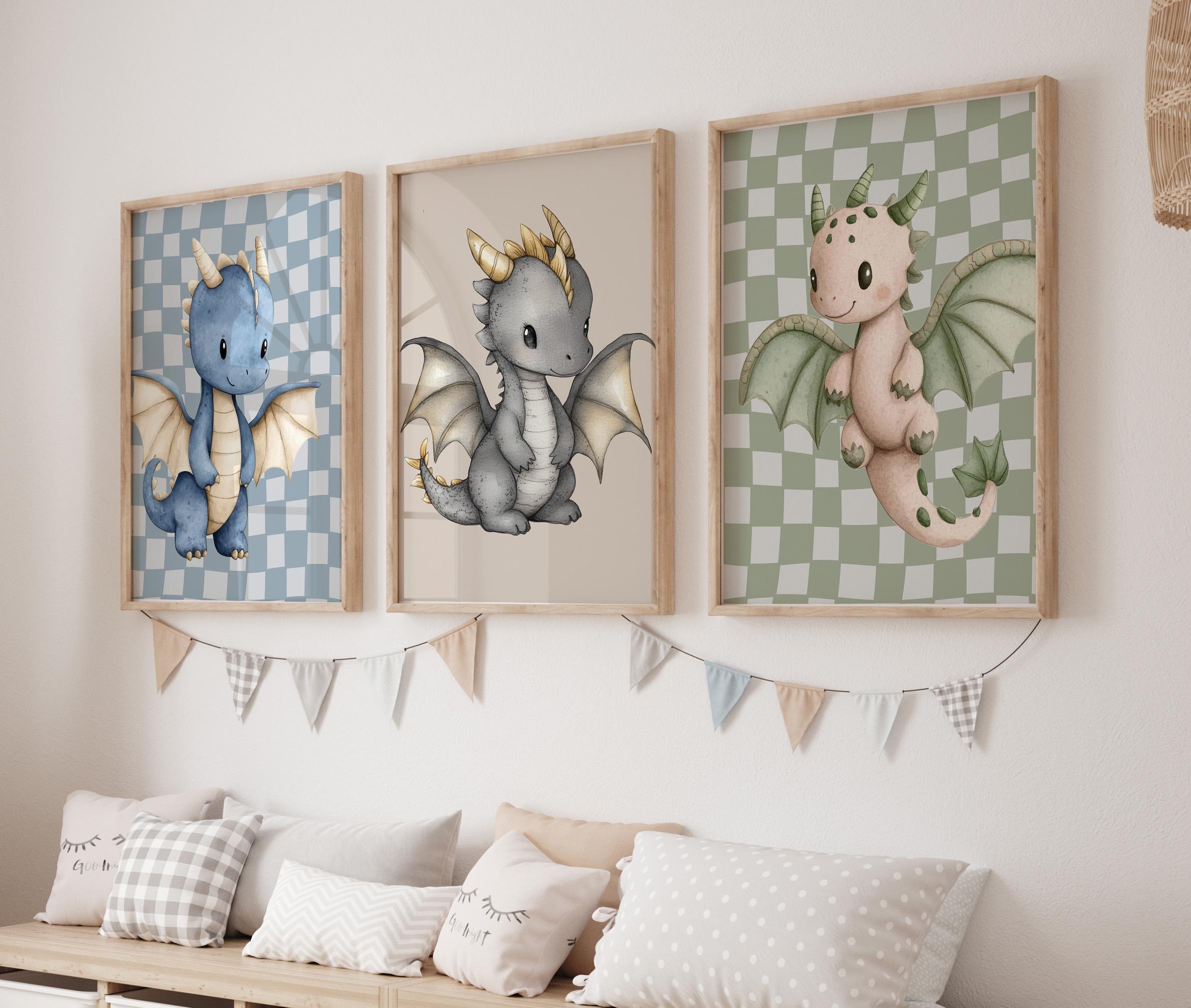 Baby Dragon Nursery Prints: Checkered Pastel Boys Room Decor (set of 3 ...