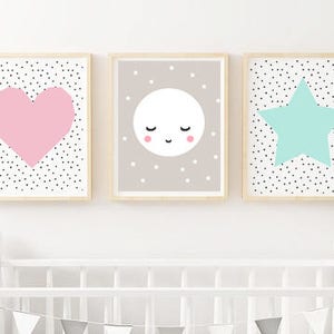 Set of 3 prints, 11x14, pink mint moon Art, Scandinavian Geometric Print, Scandinavian Nursery Wall Art, Girl Kids Room Print, pastel art
