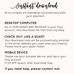 May include: Text-based instructions on how to download digital files purchased on Etsy. The instructions include information for both desktop computers and mobile devices. The text includes the phrase "Instant download".