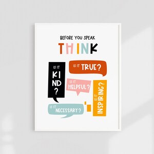 Pode incluir: Um cartaz imprim&iacute;vel colorido com o texto "Antes de falar, PENSE" e uma lista de perguntas a considerar: "&Eacute; gentil?", "&Eacute; verdade?", "&Eacute; &uacute;til?", "&Eacute; necess&aacute;rio?", "&Eacute; inspirador?"