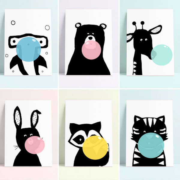 Safari Animal Prints with Bubble Gum, Nursery Art Set (Digital Download)