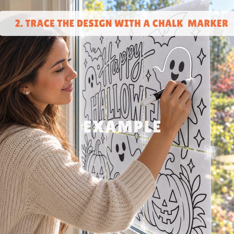 Printable Ghost Design Halloween Window Stencil Pattern Template Chalk Marker Glass Art Seasonal Display Decoration Digital Download Traceable Craft Project Easy DIY Activity Home Classroom Display Beginner Friendly Complete Instructions