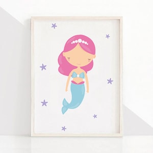 Mermaid print, pink hair mermaid, Printable gift, for little girls, Mermaid wall art, girls art print,Girls room decor ,Mermaid art prints