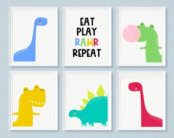 NURSERY PRINTABLES BOYS,Baby Boy Nursery Art, Set of 6 Prints, dinosaurs Print, Nursey Decor, dino Printables, Baby Boy Art , Nursery Print