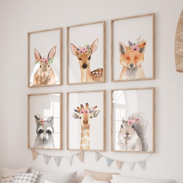 Woodland Animals Nursery Prints, Floral Boho Decor (Digital Download)