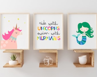 Set of 3 prints, Unicorn printable ,Unicorn wall art ,Girls room decor , mermaid print, Unicorn wall decor,Unicorn prints,ride with mermaids