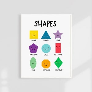 May include: A colorful educational chart with the word "SHAPES" at the top.  The chart features nine different shapes, each with a smiling face and the name of the shape written below it. The shapes are a square, triangle, star, pentagon, circle, rectangle, oval, octagon, and diamond.