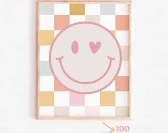 Póster de carita sonriente rosa: decoración para dormitorio infantil (descarga digital), imprimible para niñas, arte mural para habitación infantil.
