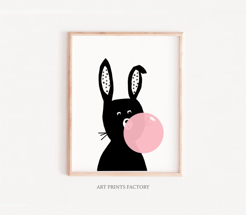 Rabbit wall art, Bunny with gum nursery decor, Woodland Nursery prints, Woodland nursery, monochrome nursery ,Forest animal theme,Bunny art image 1