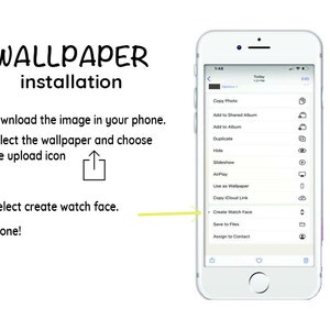 Puede incluir: Una captura de pantalla de un iPhone que muestra los pasos para configurar un fondo de pantalla personalizado en un Apple Watch. Los pasos son: 1. Descarga la imagen en tu tel&eacute;fono. 2. Selecciona el fondo de pantalla y elige el icono de carga. 3. Selecciona crear una esfera de reloj. 4. &iexcl;Hecho!