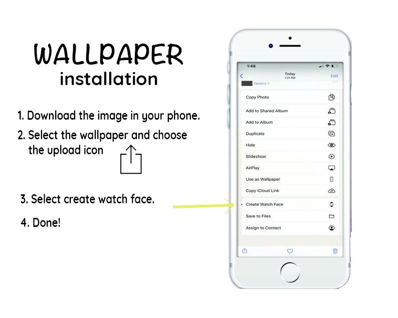 Puede incluir: Una captura de pantalla de un iPhone que muestra los pasos para configurar un fondo de pantalla personalizado en un Apple Watch. Los pasos son: 1. Descarga la imagen en tu tel&eacute;fono. 2. Selecciona el fondo de pantalla y elige el icono de carga. 3. Selecciona crear una esfera de reloj. 4. &iexcl;Hecho!
