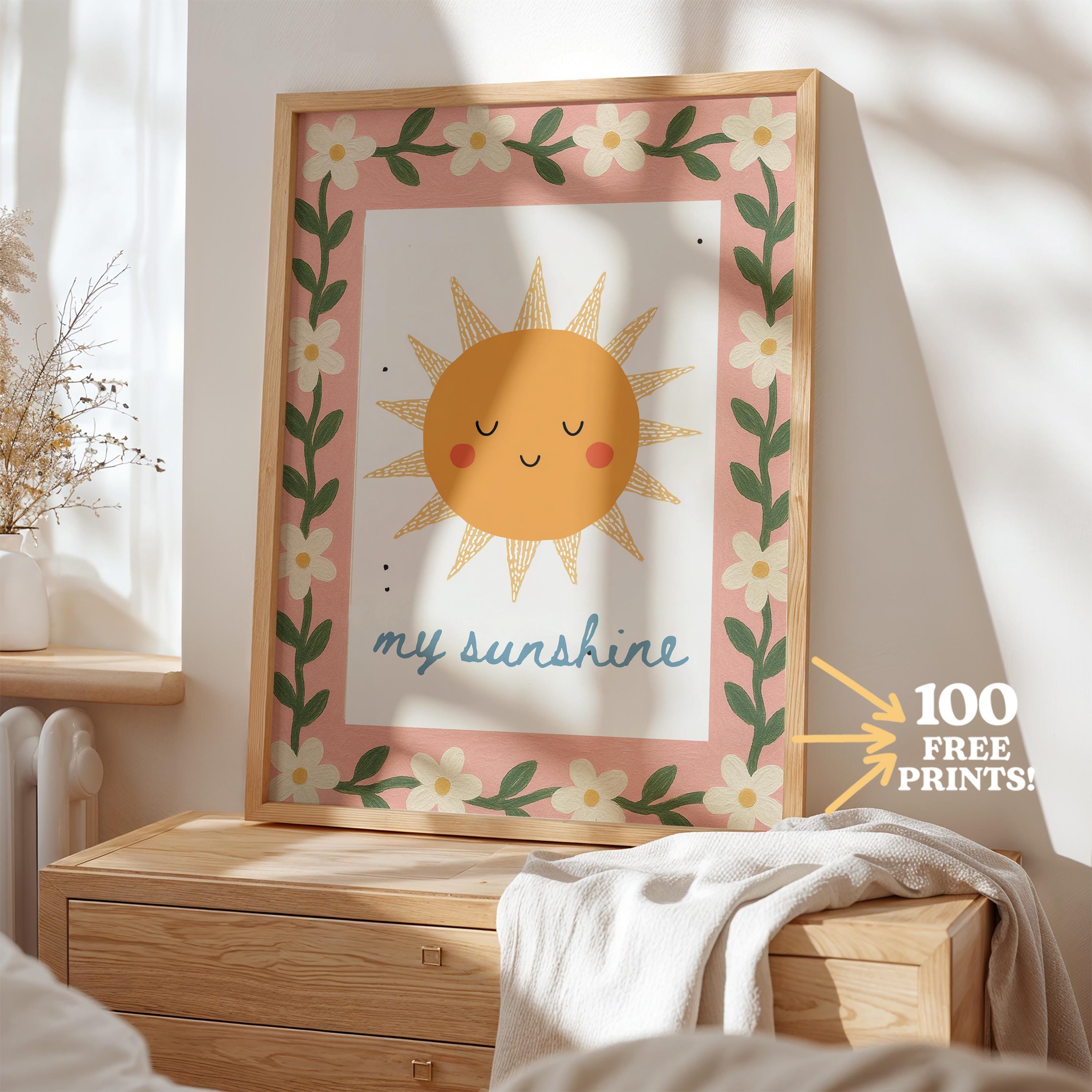 Pink You Are My Sunshine Nursery Print: Floral Sun, Girls Room (digital ...