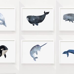 Juego de 6 impresiones del océano, decoración de guardería para niños, póster de criaturas del océano, ballenas, narvales y orcas, arte de pared para el hogar, arte marino imprimible, arte de casa de playa