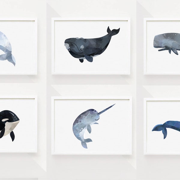 SET OF 6 Whale print - Watercolor whale print - deep blue art - Kids room decor - 6 whale prints - watercolour decor - Boys room wall art