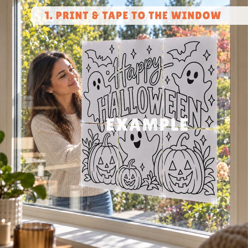 Classroom Decoration Template Halloween Window Display Ghost Stencil Design Printable Chalk Marker Pattern Seasonal Craft Activity Digital Download Easy Traceable Glass Art Home Display Project Beginner Friendly Instructions Complete Guide