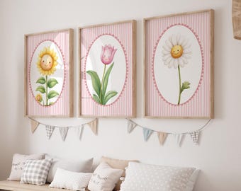 Pink Floral Nursery Prints: Vintage Girls Room Decor (Digital Download Set of 3)