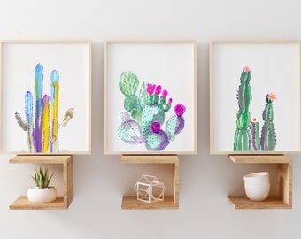 Set of 3 watercolor cactus print, COLORFUL Cactus art print, Gallery wall cactus print set, Digital cactus artwork, Printable cactus art