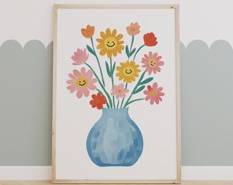 Smiley Floral Nursery Print: Pastel Flower Illustration (Digital Download)