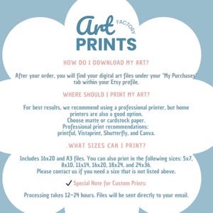 Puede incluir: Gr&aacute;fico azul claro y blanco con el texto "Art Prints" e informaci&oacute;n sobre la descarga e impresi&oacute;n de archivos de arte digital. Incluye tama&ntilde;os 16x20 y A3, adem&aacute;s de otros tama&ntilde;os. El procesamiento tarda entre 12 y 24 horas.