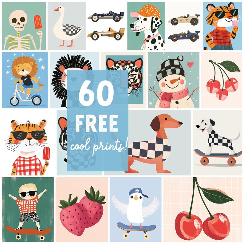 Op de afbeelding: Een collage van 60 gratis coole prints met verschillende illustraties van dieren, eten en objecten. De illustraties omvatten een skelet, een gans, een dalmati&euml;r, een tijger, een leeuw, een sneeuwpop, een teckel, een kers, een aardbei en een vogel.