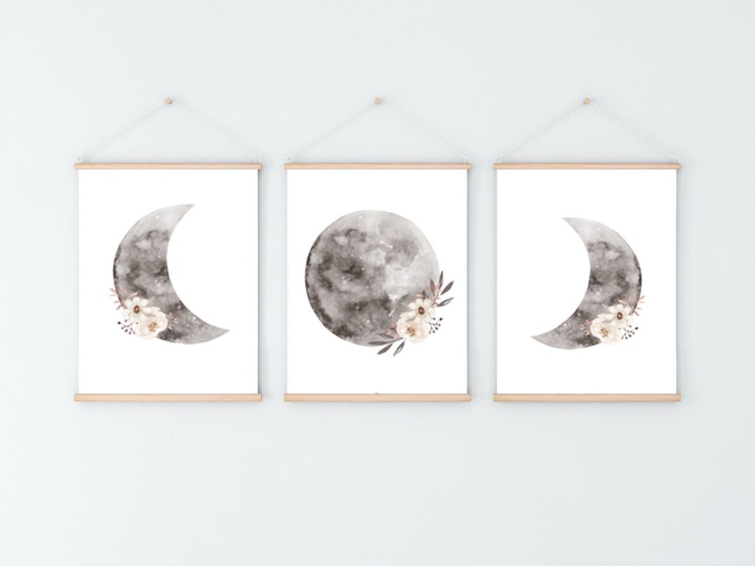Set of 3 Moon Phases Prints, Floral Wall Art, Above Bed Art, Minimalist ...