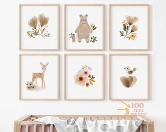 Woodland Bear Nursery Prints: Boho Baby Girl Room Decor (Digital Download) printable wall art