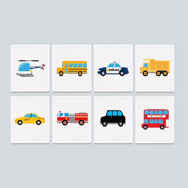 Set of 8 boys prints,INSTANT DOWNLOAD, Baby Boy room decor, Transport theme, Nursery truck,taxi,police,bus london, fire engine, helicopter