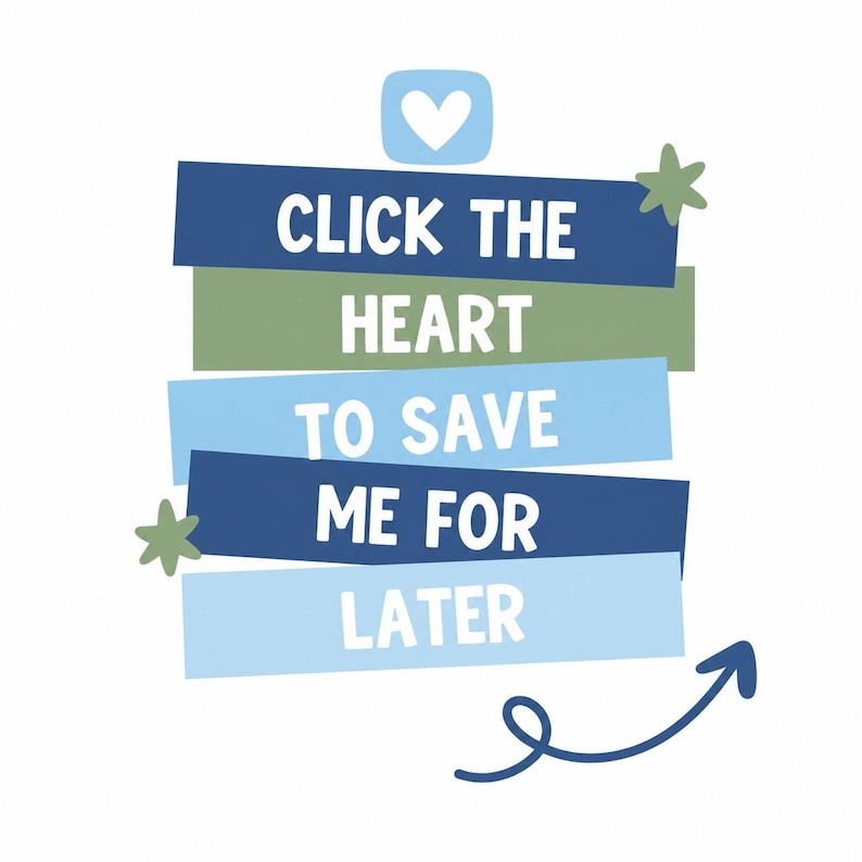 Op de afbeelding: Een grafische illustratie met gestapelde horizontale balken in tinten donkerblauw, lichtblauw en saliegroen. De tekst luidt CLICK THE HEART TO SAVE ME FOR LATER in witte hoofdletters. Een wit hartsymbool en twee saliegroene sterren zijn inbegrepen.