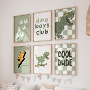 Dinosaur Boys Room Art Prints: boys wall printable, Checkered Dino Decor, Set of 6