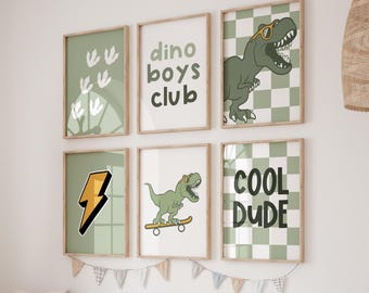 Dinosaur Boys Room Art Prints: boys wall printable, Checkered Dino Decor, Set of 6
