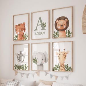 Impresiones de pared para guardería de safari, arte con nombre personalizado, impresiones de guardería boho, animales de la jungla, colores tierra, arte de guardería, decoración de guardería de animales, bebé niño