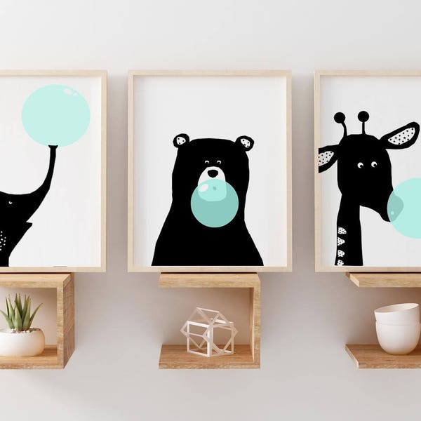 Nursery Animal Print, SET OF 3, Safari Nursery Print, Baby Animal GUM Prints, Safari Wall Art, Animal Prints for Nursery, Zoo Animal Nursery