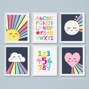 Modern nursery printable, SEt of 6, Rainbow Print, moon Print, Printable cloud Art, Nursery Art Print, alphabet, numbers, , girls art, Heart