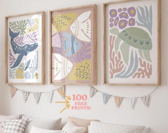May include: Three framed art prints with marine life illustrations. The prints feature a whale, fish, and sea turtle in pastel colors. The frames are light brown. The text "100 FREE PRINTS!" is also visible.