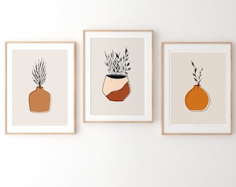 Set of 3 DIGITAL art, Abstract Botanical Print, Boho Wall print, Potted Plants Art, Burnt Orange Wall Art, Terracotta  Wall Art,  Plant Art