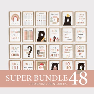 48 carteles educativos establecidos para sala de juegos y niños, niños pequeños, imprimibles, arte de pared educativo boho, cartel de aprendizaje, arte de pared preescolar, NIÑAS