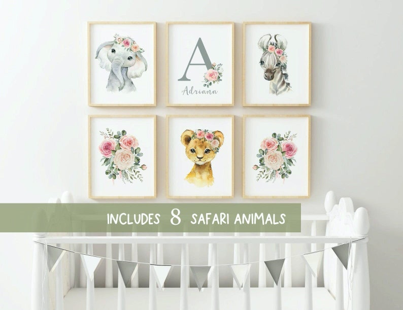 Custom name girl, Watercolor Safari Animal, Blush Pink Flowers,Boho Set of 8 Baby Girl Nursery Wall Art Decor Elephant,Zebra,lion, floral 