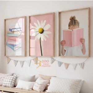 Girl Reading Art Print: Pastel Pink Daisy, Book Nook (Digital Download)