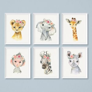 Safari Baby Tiere Druck Set von 6, Druckbares Kinderzimmer WandKunst Dekor, Sofort Digital Download, Kinderzimmer Spielzimmer Poster Baby Mädchen Kunst