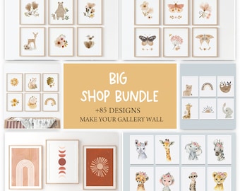 BIG SHOP BUNDLE - mur de galerie de filles boho - créez votre propre galerie - plus de 80 motifs - impressions de pépinière de filles - art mural neutre - décor